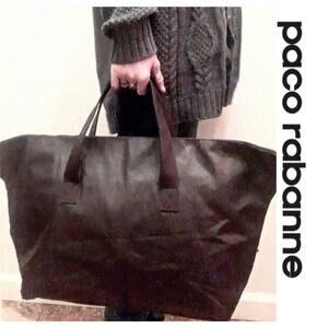 Paco Rabanne Perfume Leather Tote Bag Large Shoulder Purse Brown Gym Luggage